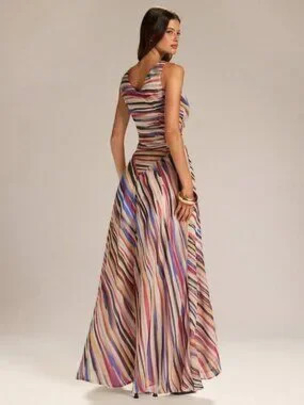 multicolor Elegant Women's Draped Neck Asym Hem A-Line Striped Dress